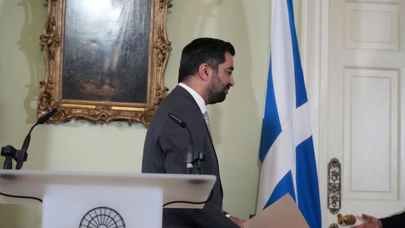 Scotland's First Minister Humza Yousaf speaks during a press conference at Bute House