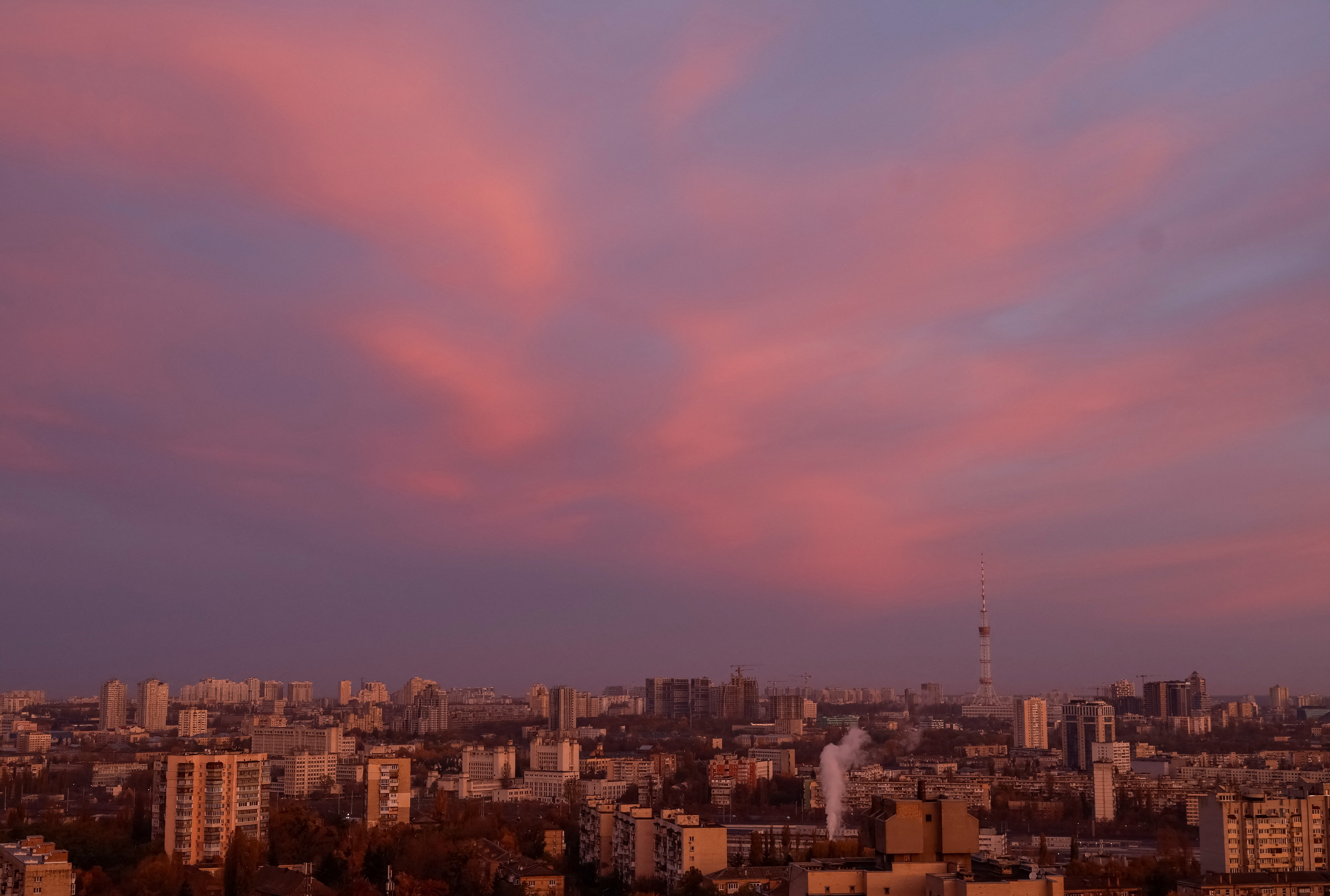 The Ukrainian capital Kyiv at dawn, during a Russian missile and drone strike