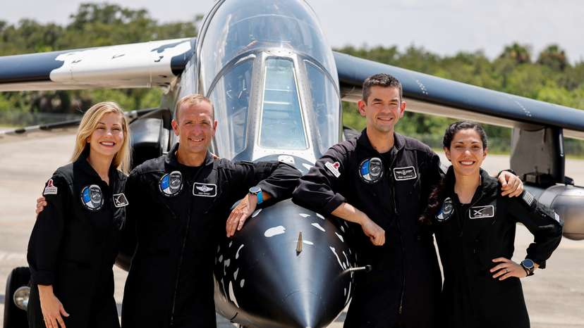 Crew members of Polaris Dawn attend a press conference at the Kennedy Space Center in Cape Canaveral