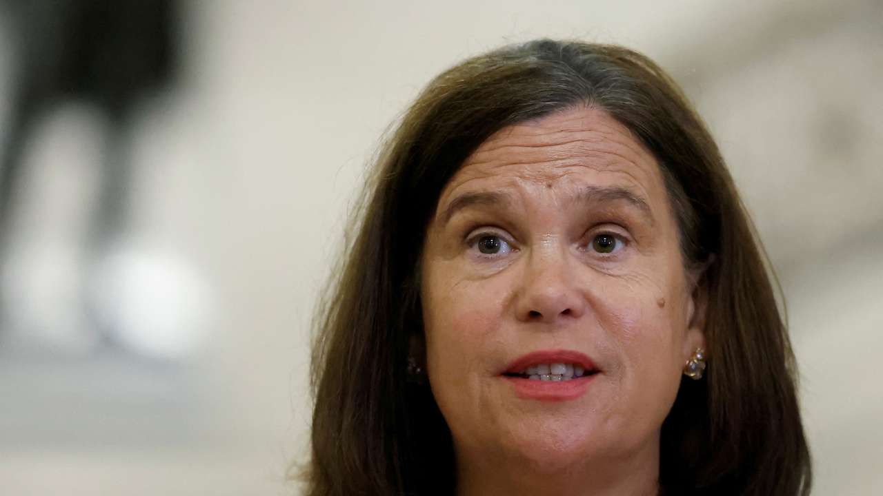 FILE PHOTO: Sinn Fein's President Mary Lou McDonald addresses the media following a meeting with British Prime Minister Keir Starmer at Stormont Castle, in Belfast