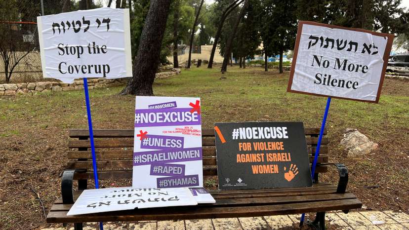 Demonstrators protest against what they describe as international silence over sexual violence, in Jerusalem