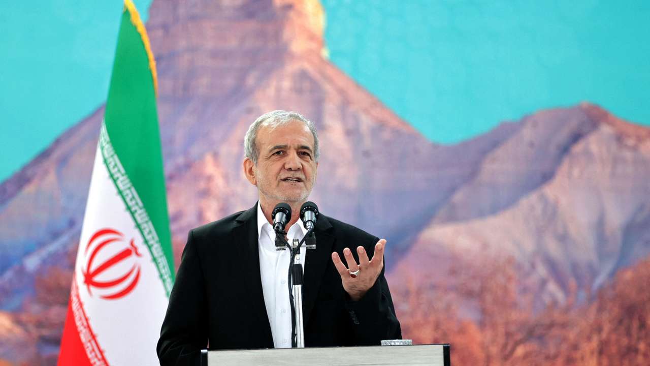 Iranian President Masoud Pezeshkian speaks during a meeting in Ilam