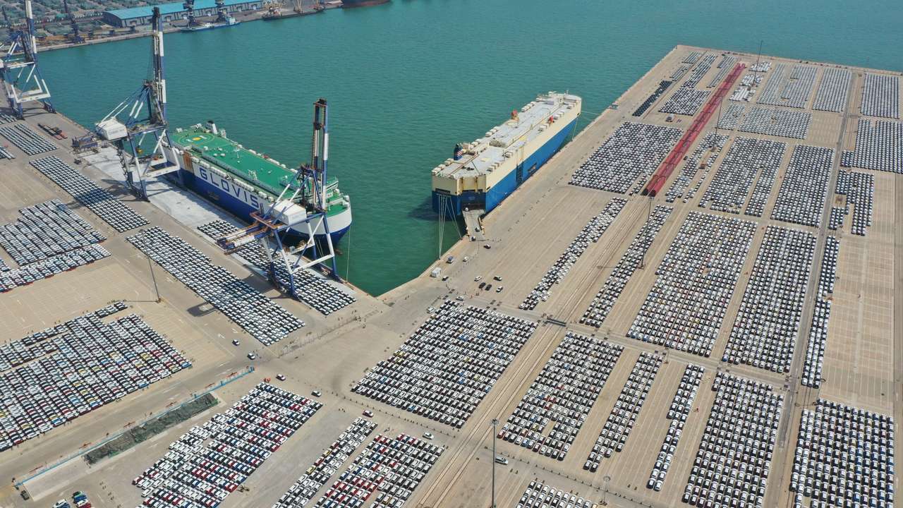 Cars for export at a port in Yantai