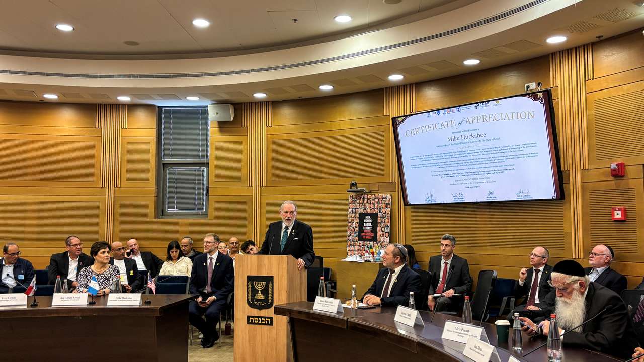 U.S. Ambassador to Israel Mike Huckabee speaks at an event at the Knesset