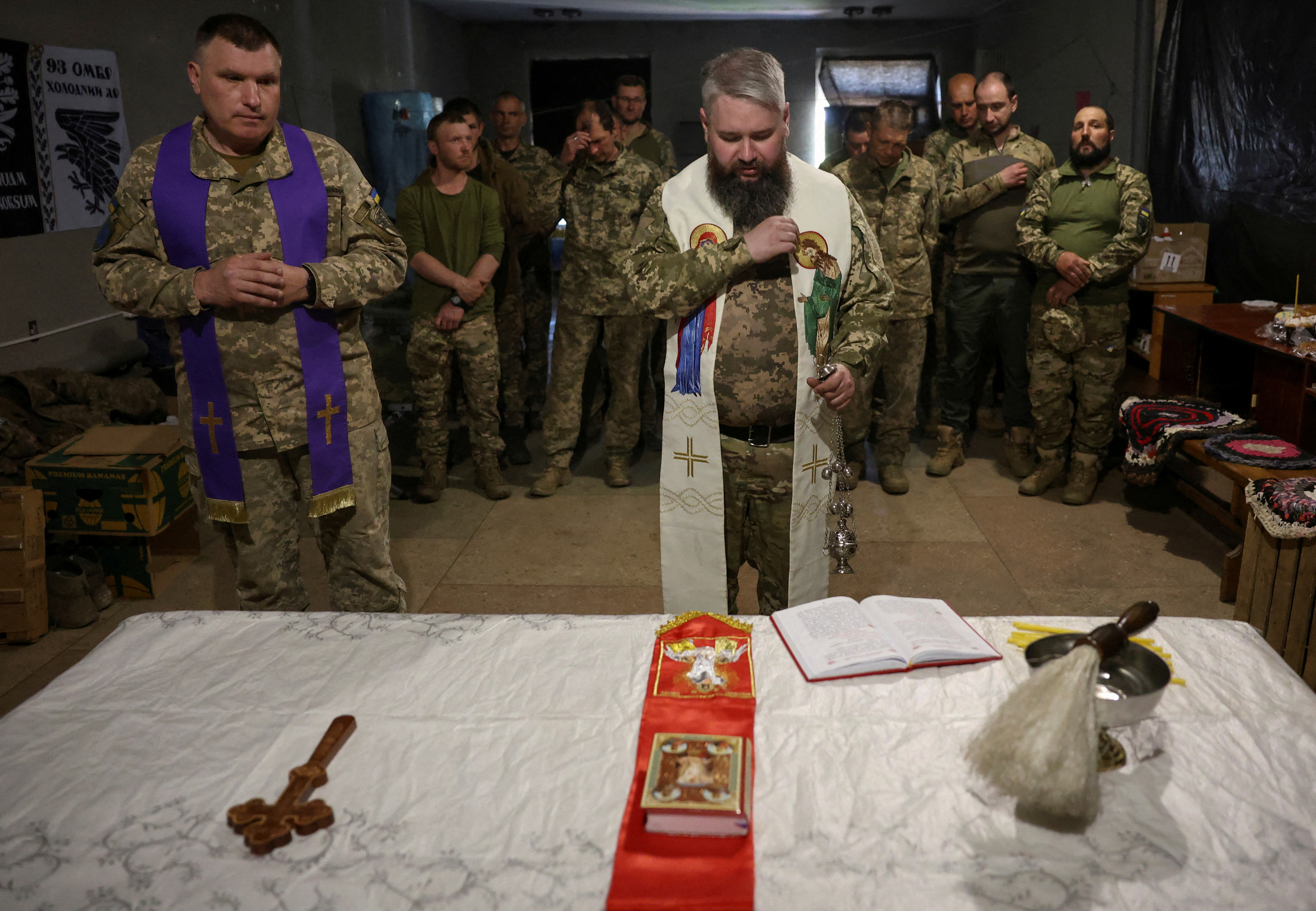 Ukrainian servicemen celebrate Easter in a front line in Donetsk region