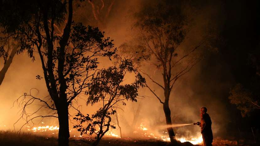 FILE PHOTO: A firefighter works to extinguish flames after a bushfire burnt through the area in Bredbo
