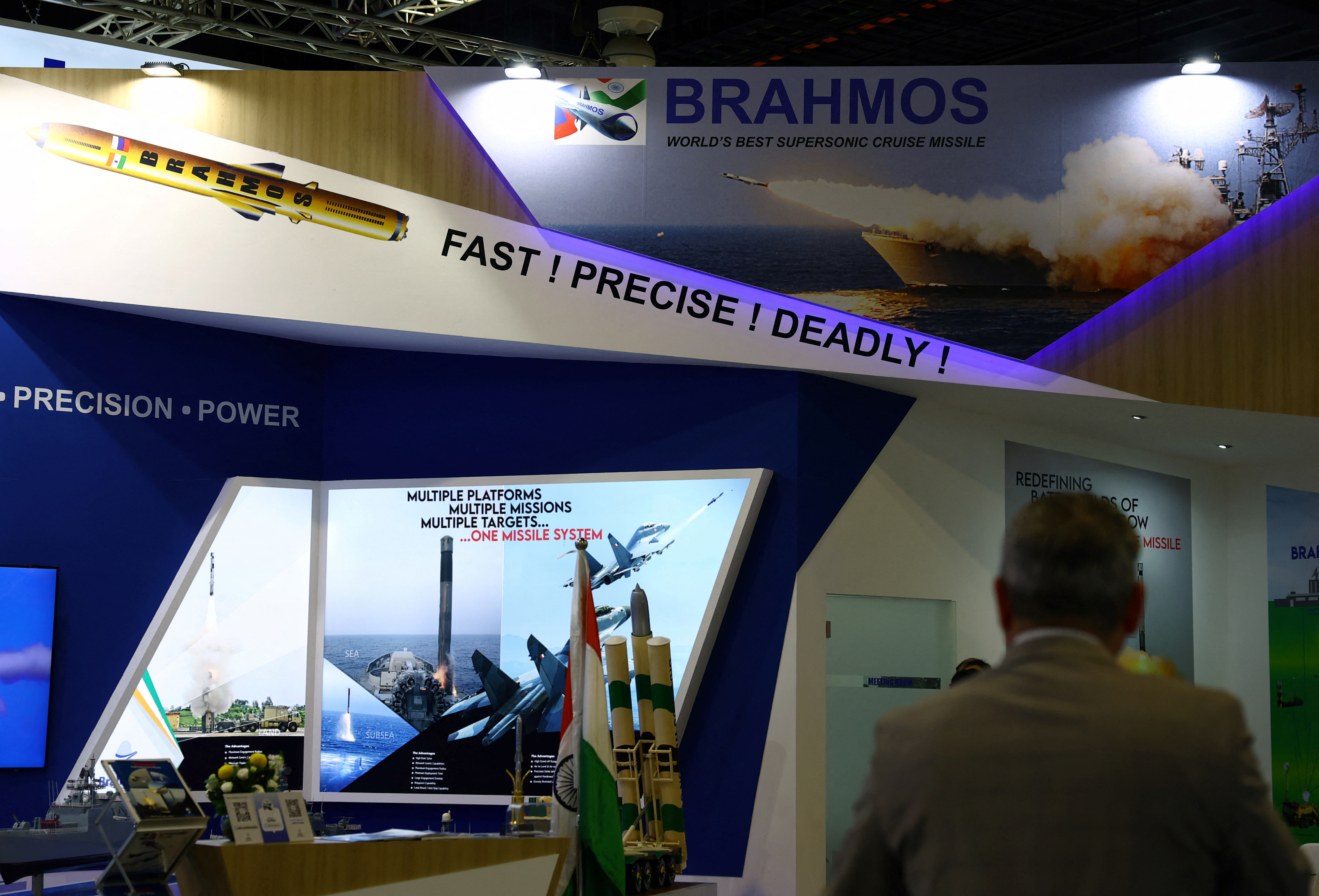 A view of a marketing slogan at Brahmos booth during the Singapore Airshow at Changi Exhibition Centre in Singapore
