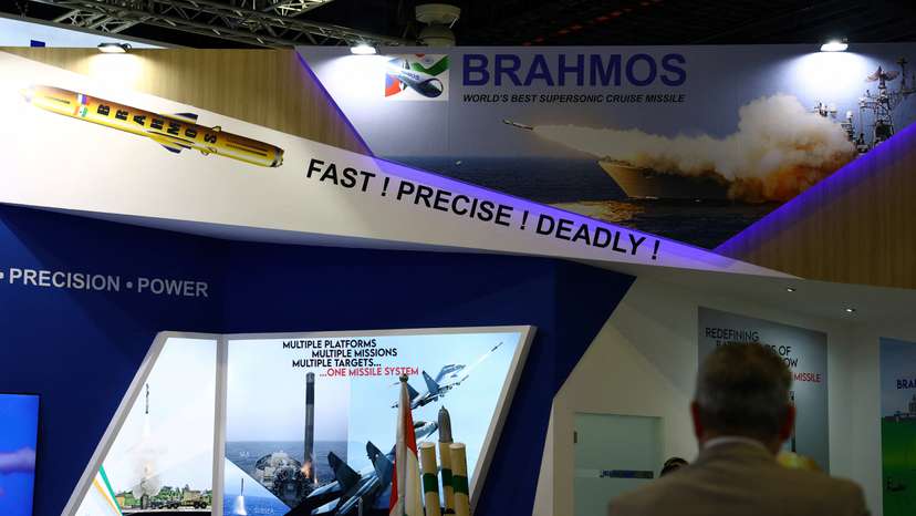 A view of a marketing slogan at Brahmos booth during the Singapore Airshow at Changi Exhibition Centre in Singapore