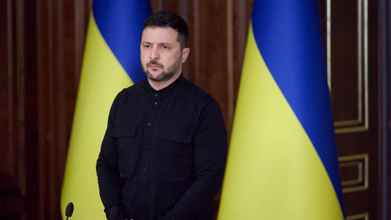 Ukraine's President Zelenskiy holds a news briefing in Kyiv