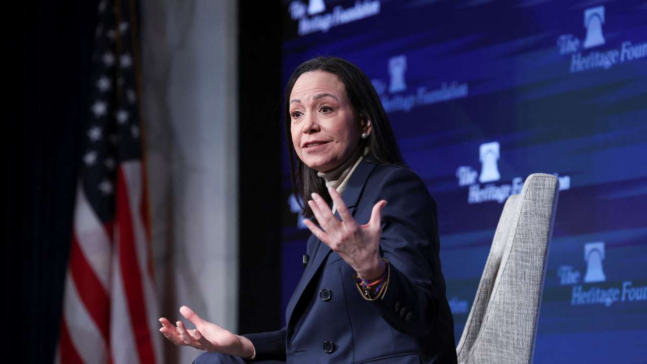 Venezuelan opposition leader Maria Corina Machado attends a press conference in Washington