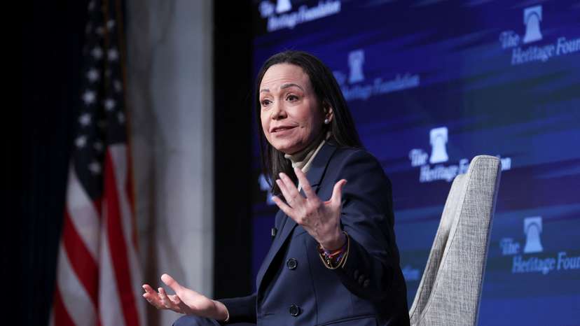 Venezuelan opposition leader Maria Corina Machado attends a press conference in Washington