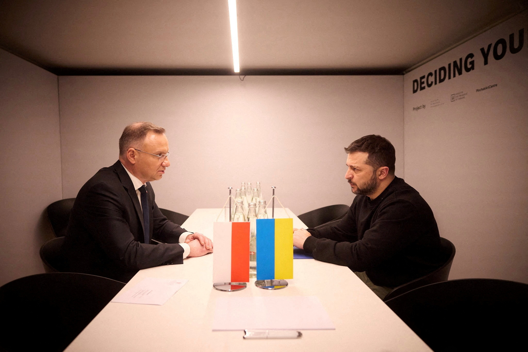 FILE PHOTO: Ukraine's President Zelenskiy and Poland's President Duda attend a meeting in Davos