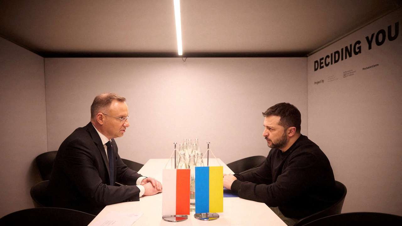 FILE PHOTO: Ukraine's President Zelenskiy and Poland's President Duda attend a meeting in Davos