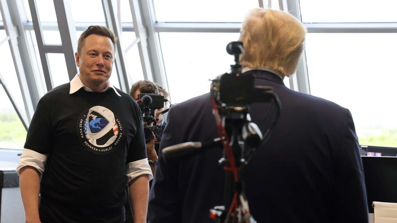 pU.S. President Donald Trump and Elon Musk are seen at the Firing Room Four after the launch of a SpaceX Falcon 9 rocket and Crew Dragon spacecraft, from Cape Canaveral