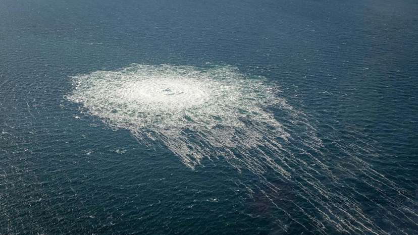FILE PHOTO: Gas bubbles from the Nord Stream 2 leak reaching surface of the Baltic sea in the area shows disturbance of well over one kilometre diameter near Bornholm