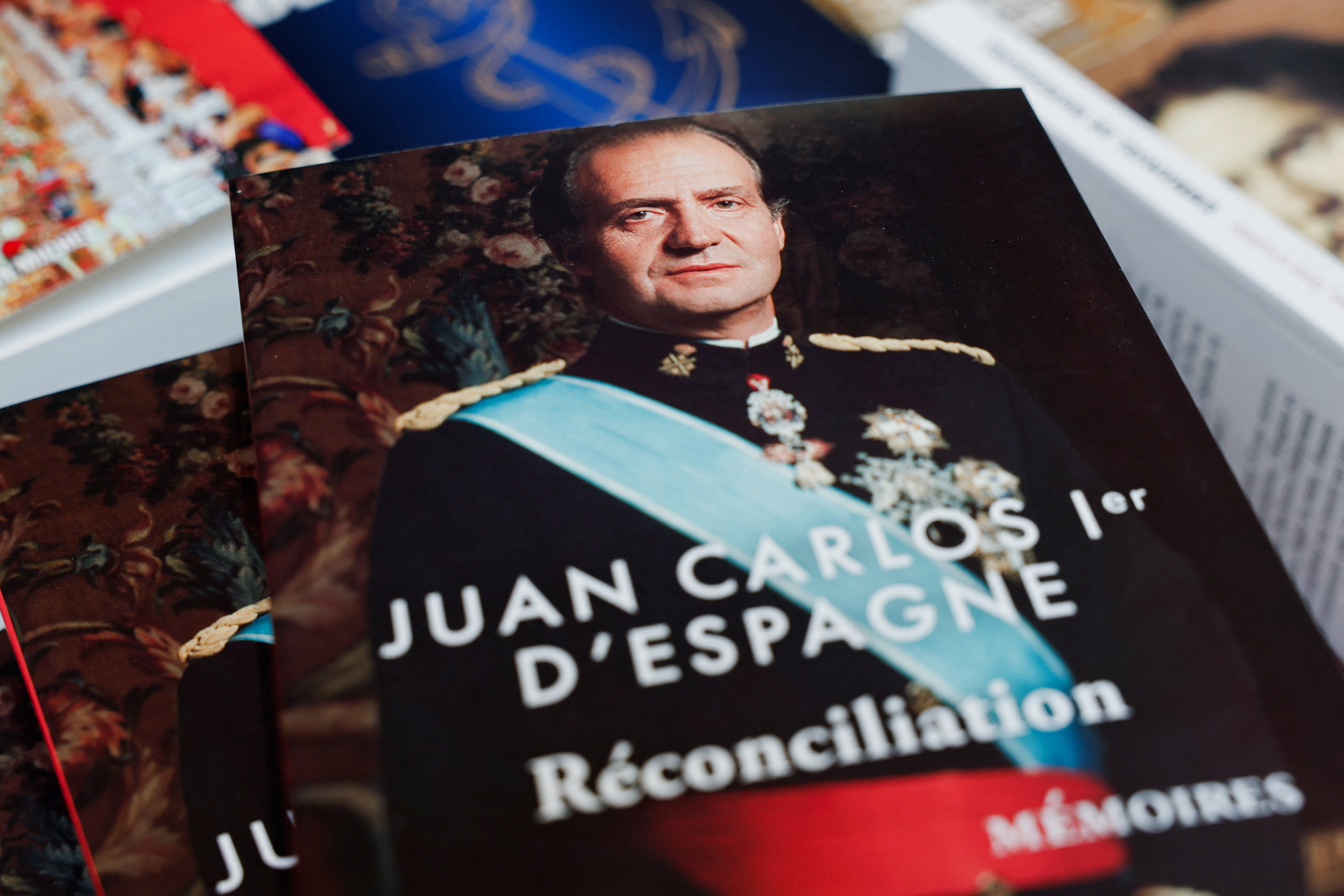Copies of the book "Reconciliation" written by former King Juan Carlos I of Spain, inside the Galignani bookstore in Paris