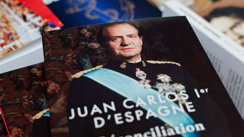 Copies of the book "Reconciliation" written by former King Juan Carlos I of Spain, inside the Galignani bookstore in Paris