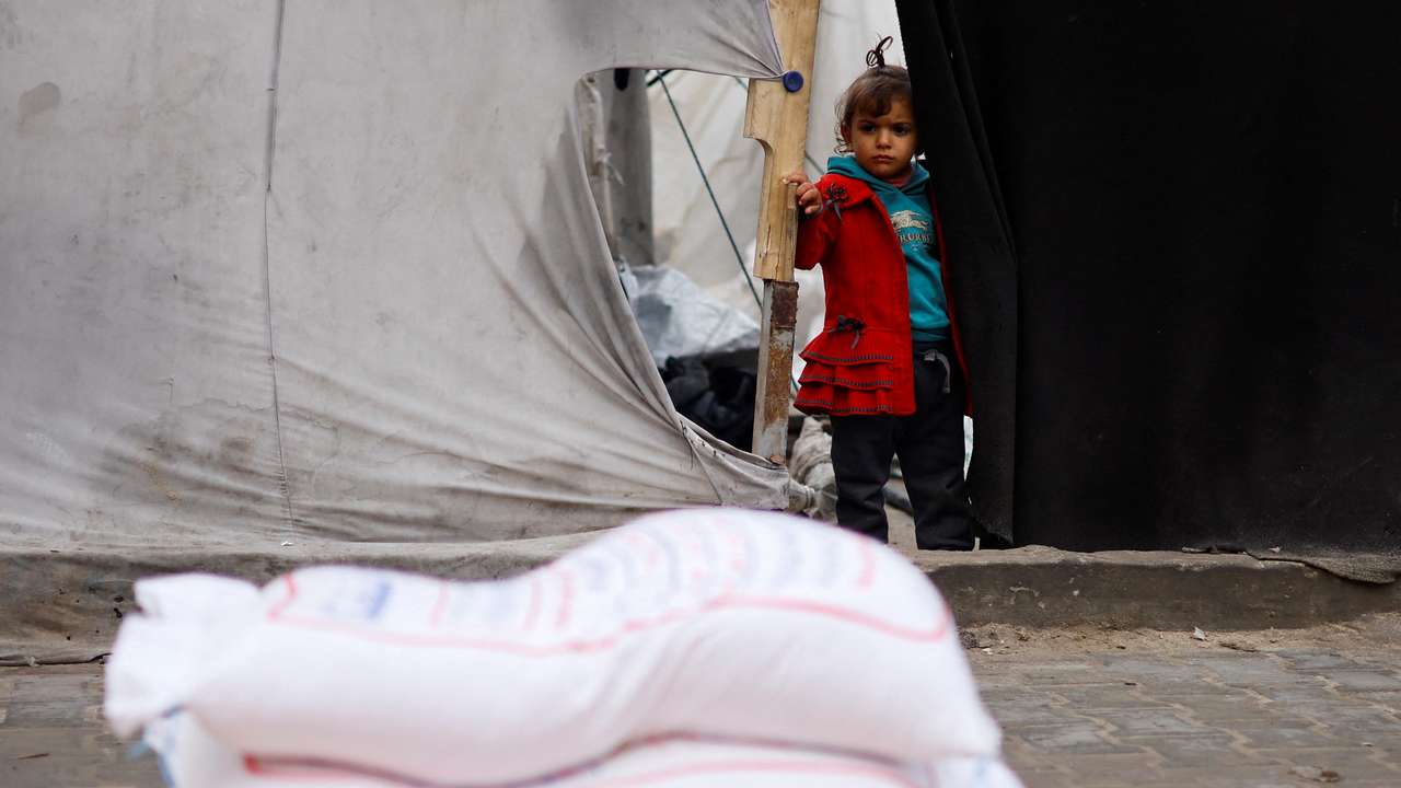 Palestinians gather to receive bags of flour distributed by UNRWA, in Rafah