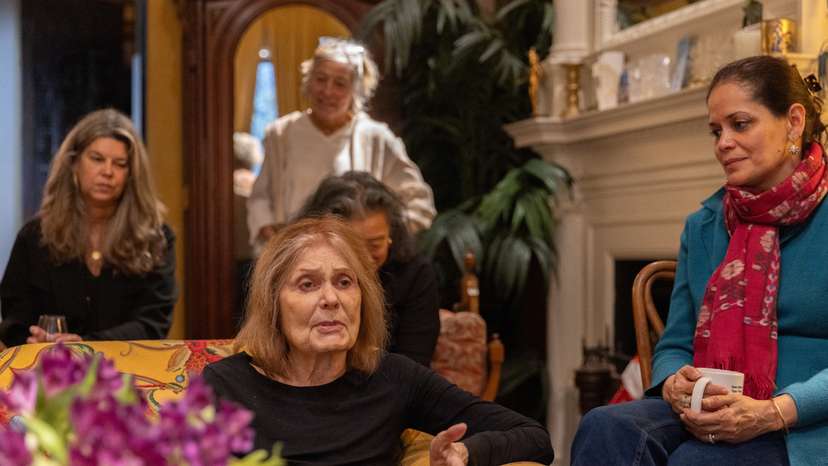 Gloria Steinem, center, speaks to a group of women leaders, donors and advocates during a meeting in New York