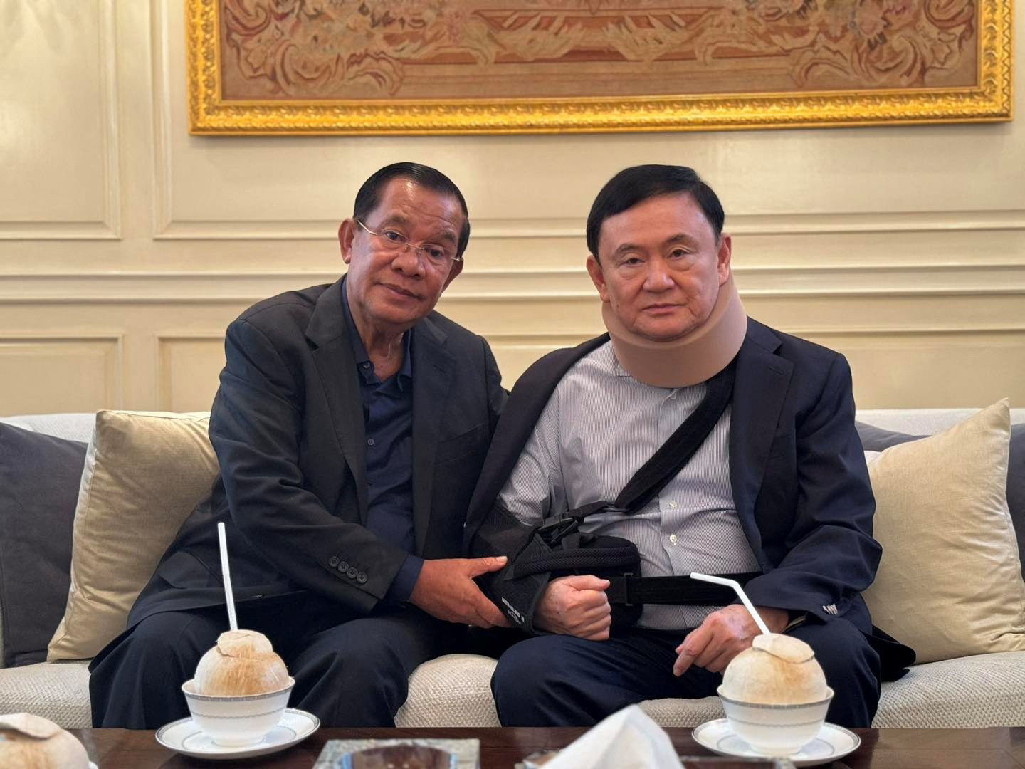 Cambodia's former Prime Minister Hun Sen meets Thailand's former Prime Minister Shinawatra