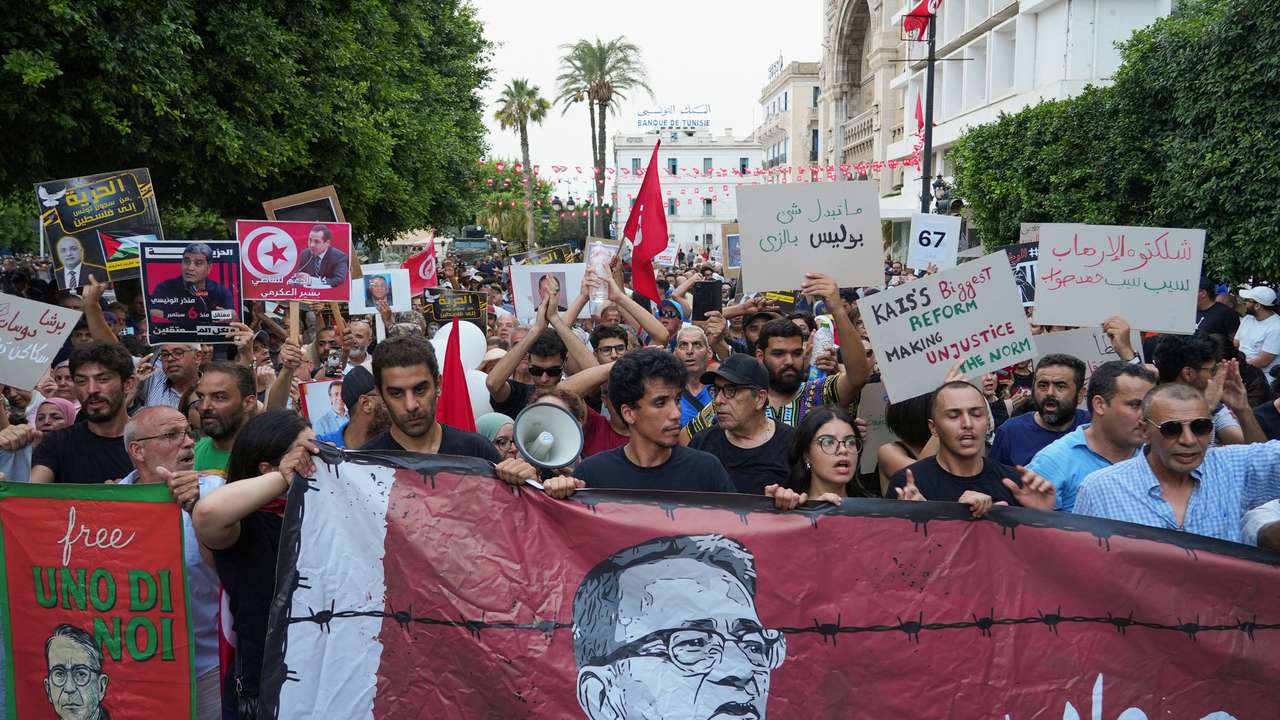 Rally against Tunisian President Kais Saied on the fourth anniversary of his power grab, in Tunis