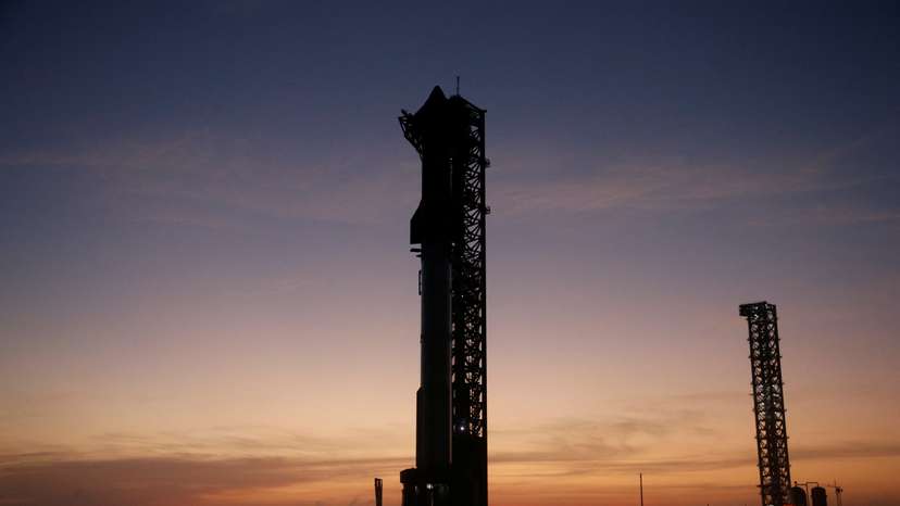 SpaceX's next-generation Starship spacecraft atop its powerful Super Heavy rocket is prepared for launch at the company's Boca Chica launch pad in Brownsville