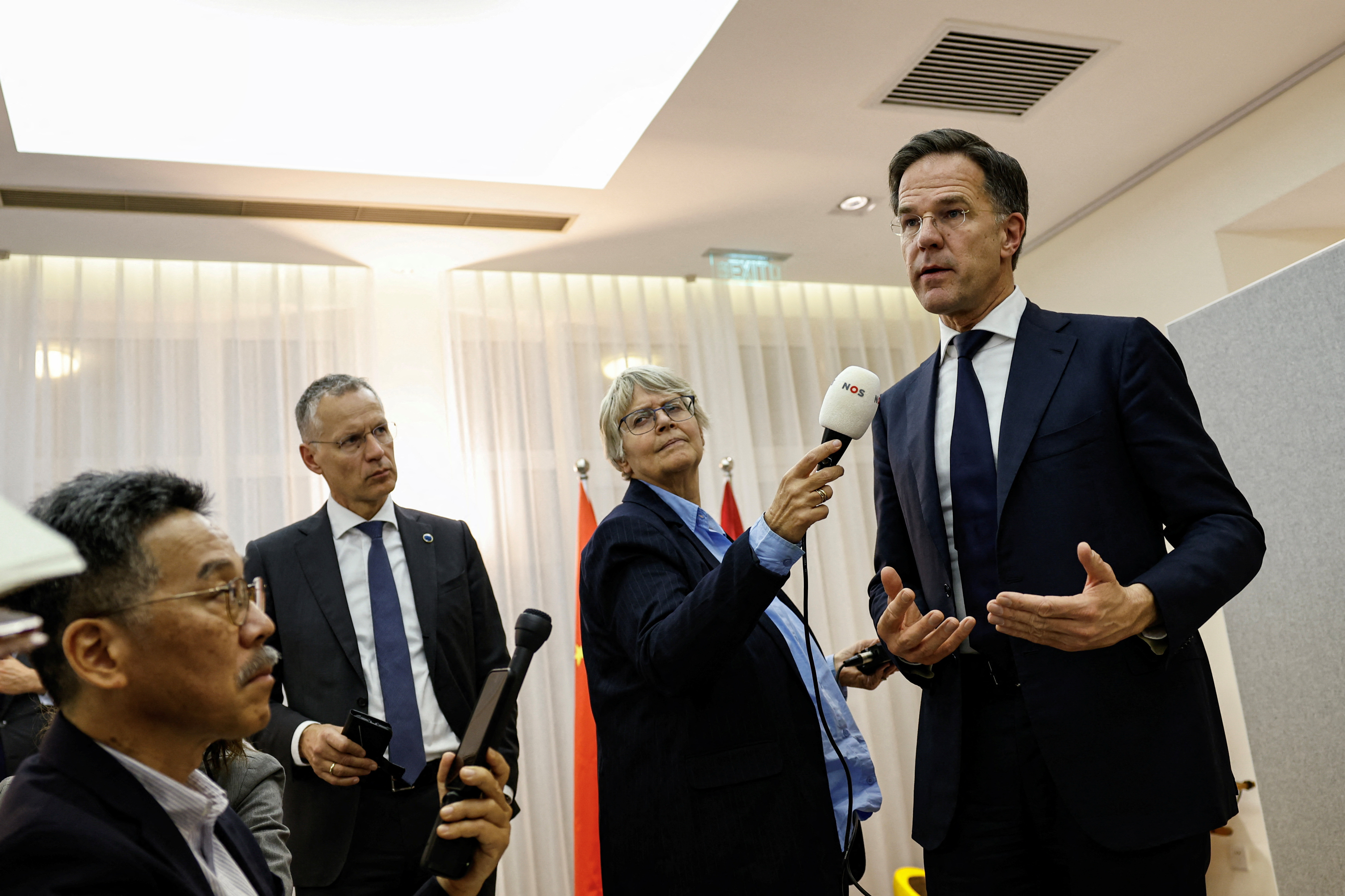 Prime Minister of the Netherlands Mark Rutte speaks during a press conference at the Netherlands embassy in Beijing