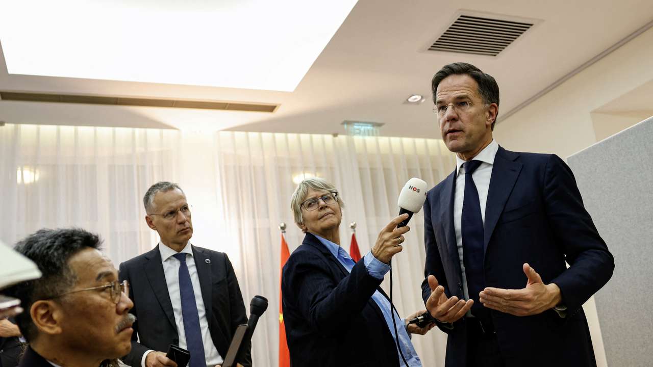 Prime Minister of the Netherlands Mark Rutte speaks during a press conference at the Netherlands embassy in Beijing