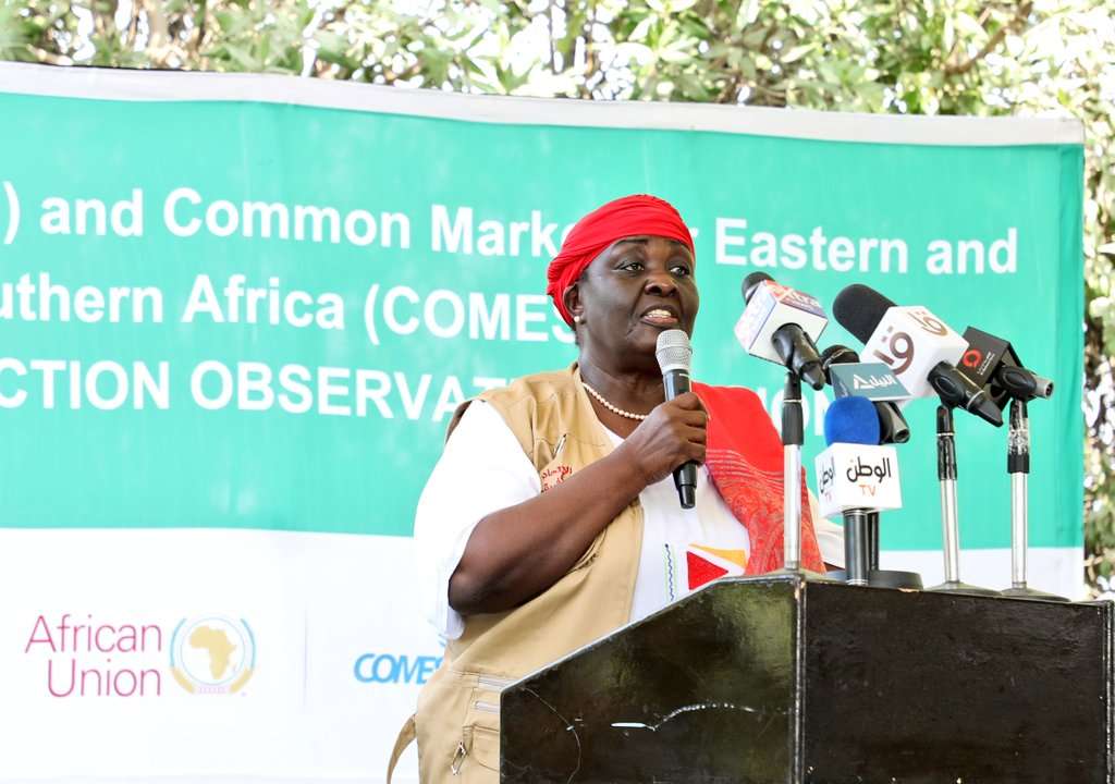 Head of the joint mission of the African Union and COMESA, Speciosa Wandira Kazibwe addressing the media