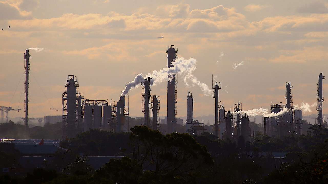 Birds and a plane are seen flying above emission from the chimneys of a chemical plant located near Port Botany in Sydney