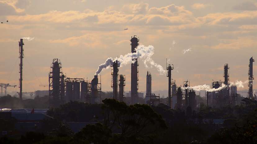 Birds and a plane are seen flying above emission from the chimneys of a chemical plant located near Port Botany in Sydney