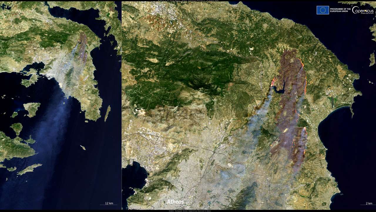 FILE PHOTO: A handout image shows satellite views of wildfires burning in Greece