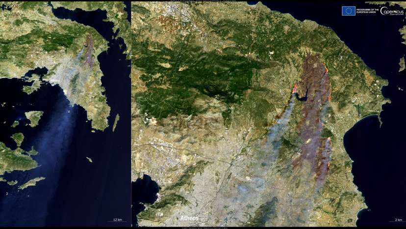 FILE PHOTO: A handout image shows satellite views of wildfires burning in Greece