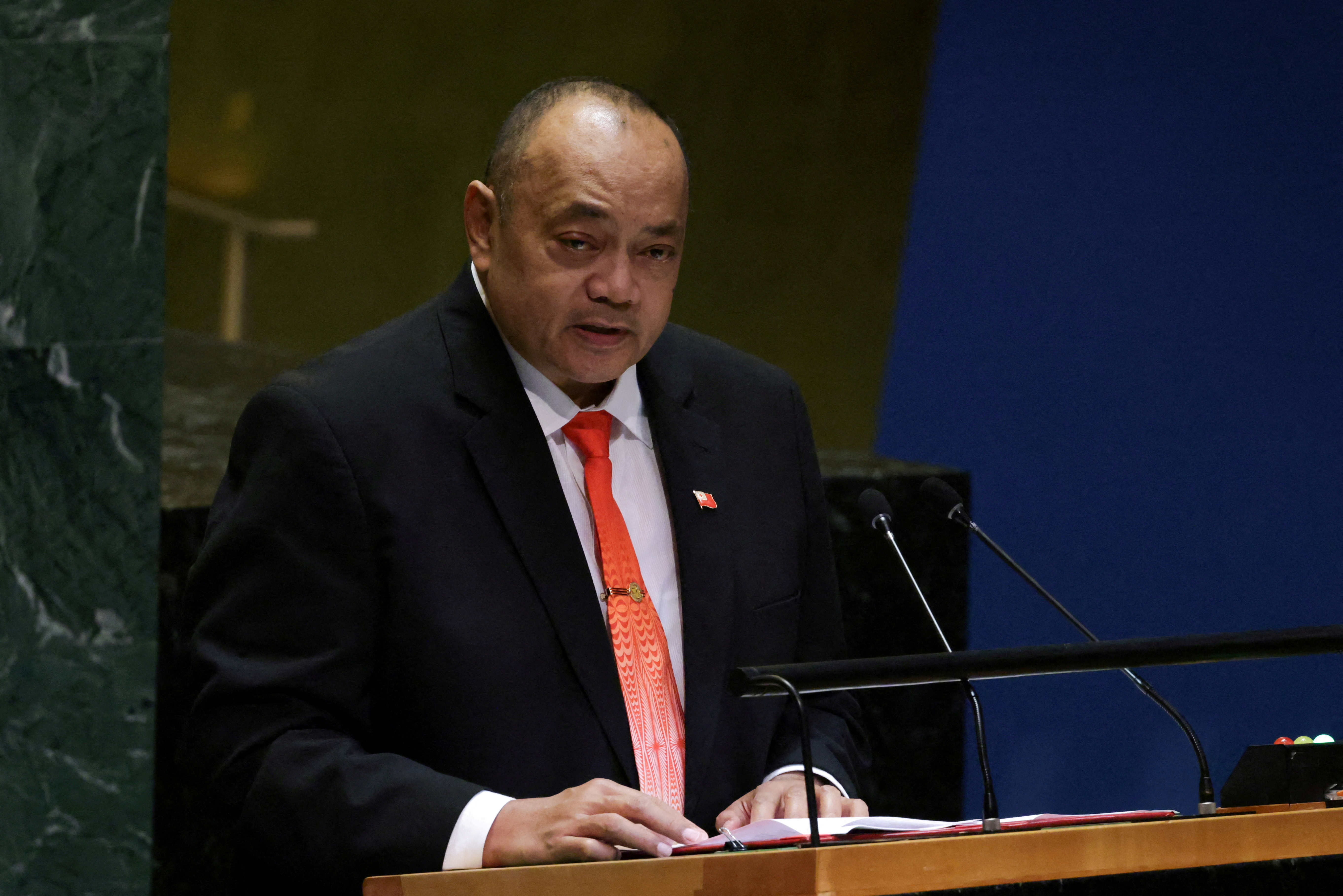 FILE PHOTO: Tonga's Prime Minister Siaosi 'Ofakivahafolau Sovaleni addresses the 79th United Nations General Assembly