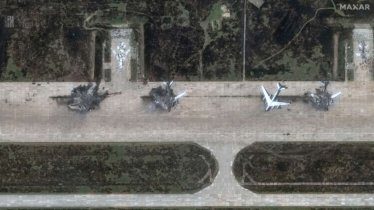 FILE PHOTO: A satellite image shows destroyed TU 95 aircrafts in the aftermath of a drone strike at the Belaya air base