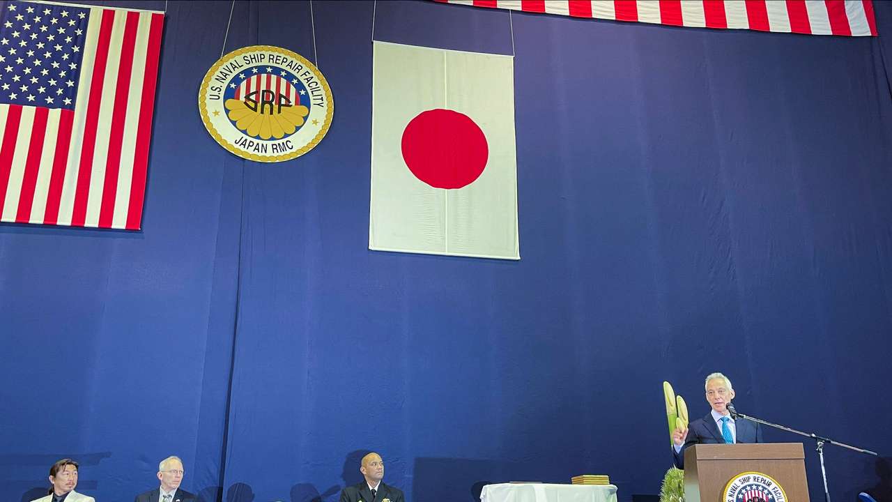 U.S. ambassador to Japan Rahm Emmanuel speaks at a U.S. naval ship repair facility in Yokosuka