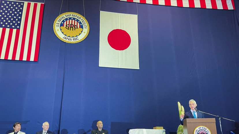 U.S. ambassador to Japan Rahm Emmanuel speaks at a U.S. naval ship repair facility in Yokosuka