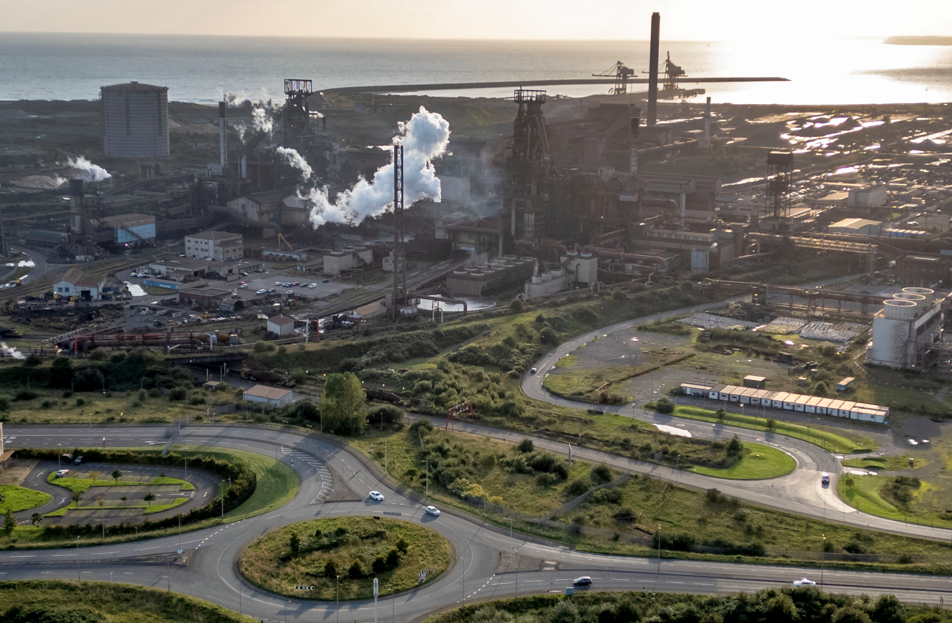 A drone view shows the Tata steel works in Port Talbot, Wales