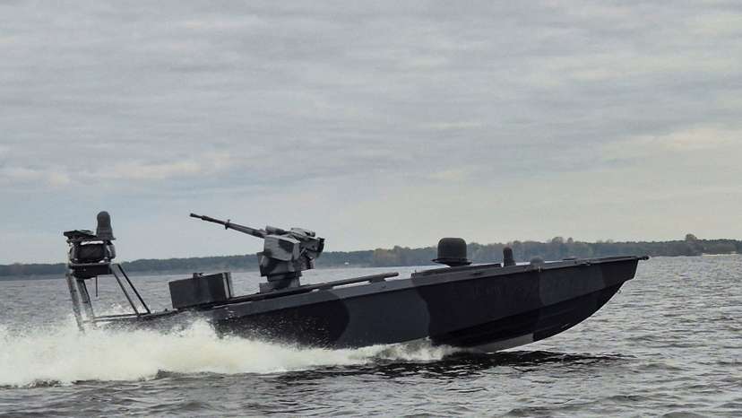 The latest version of Ukraine's Security Service (SBU) "sea baby" naval drone sails in an undisclosed location in Ukraine