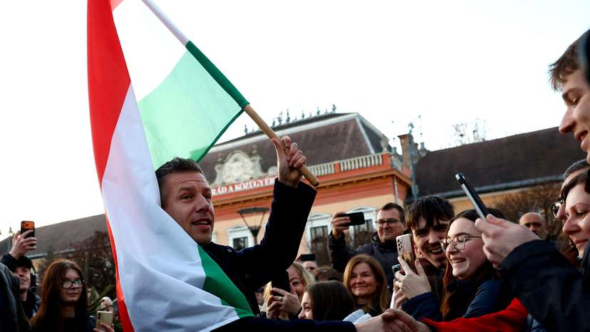 FILE PHOTO: Magyar, leader of the opposition TISZA party arrives to his election campaign tour in Balassagyarmat