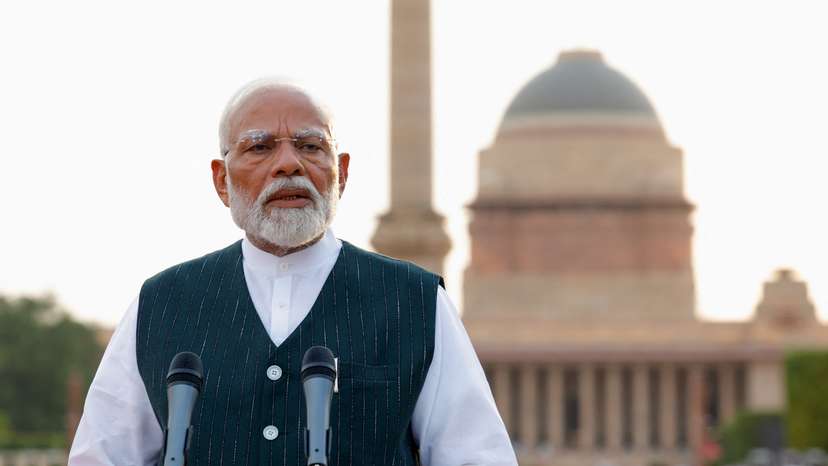 India's Prime Minister Narendra Modi addresses the media after his meeting with President Droupadi Murmu