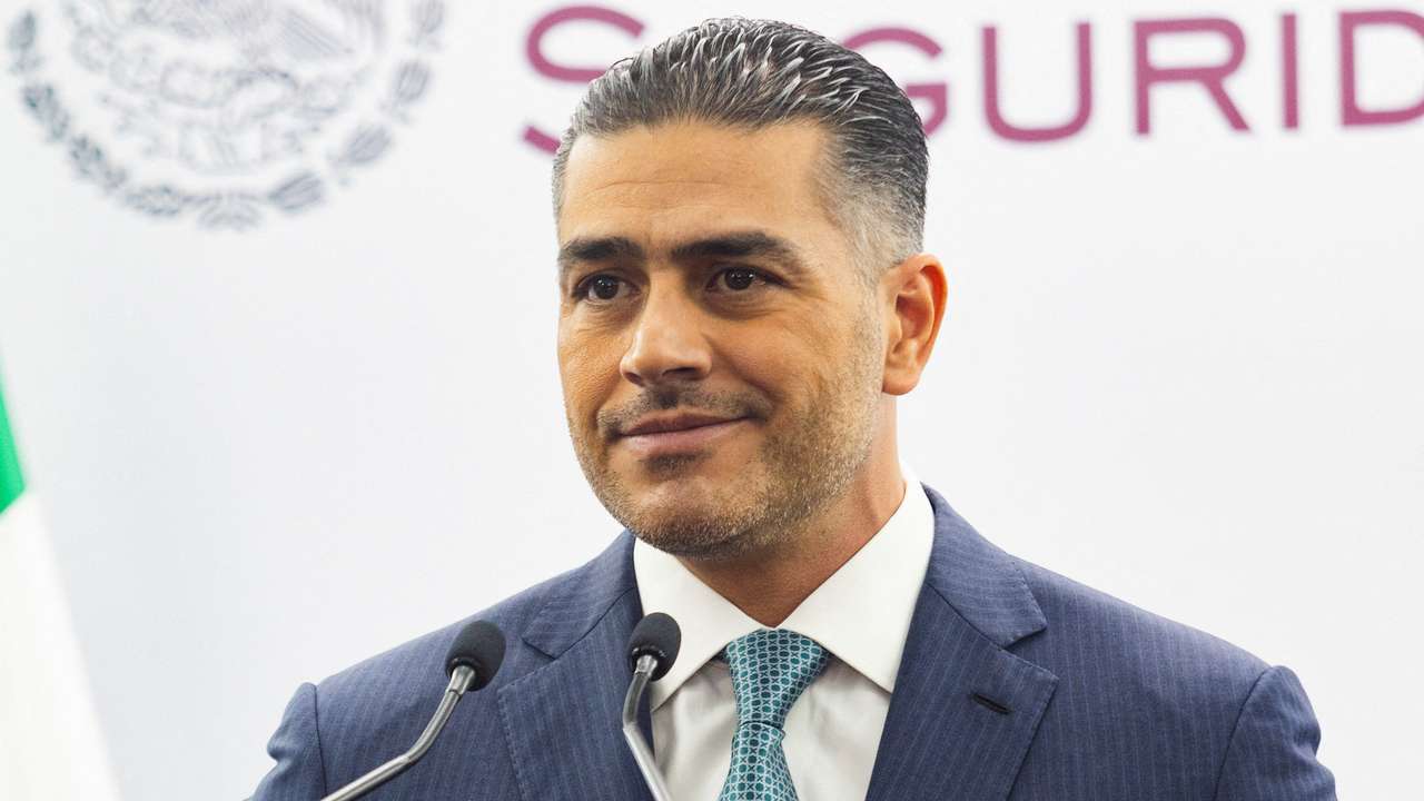 FILE PHOTO: FILE PHOTO: Mexico's Secretary of Security and Citizen Protection Harfuch holds a press conference, in Mexico City