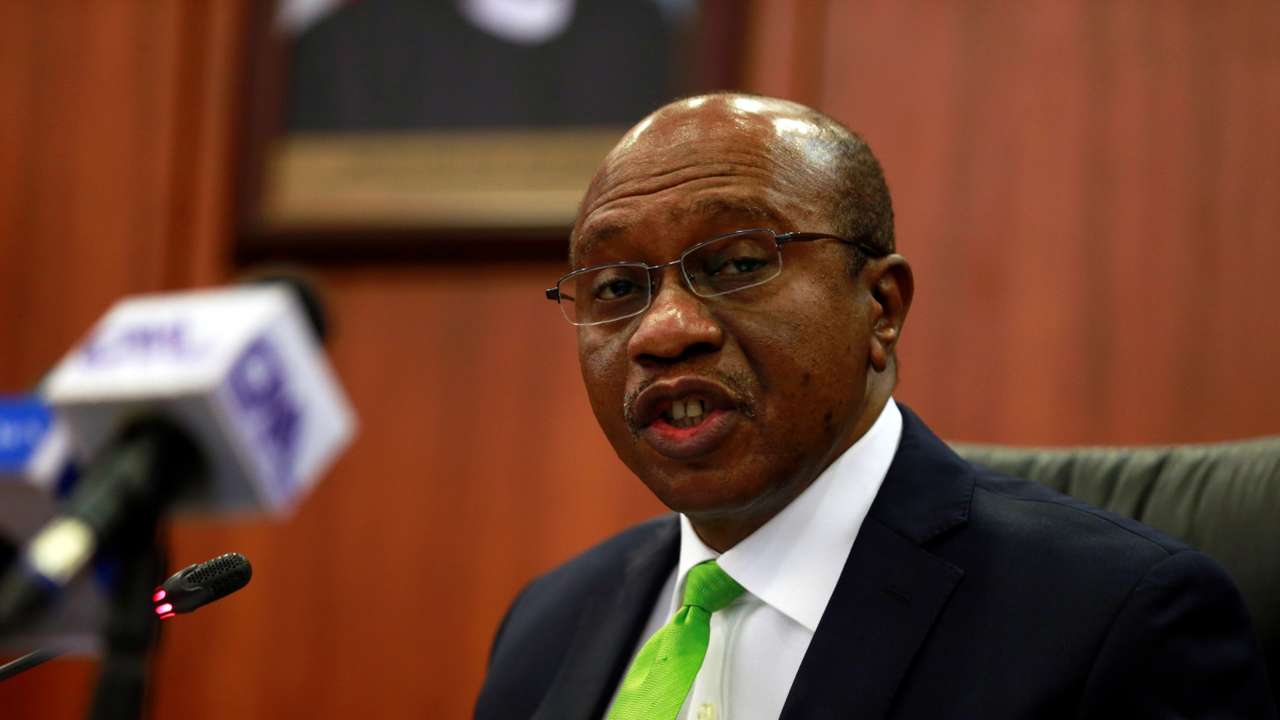 Nigeria's Central Bank Governor Godwin Emefiele briefis the media during the MPC meeting in Abuja