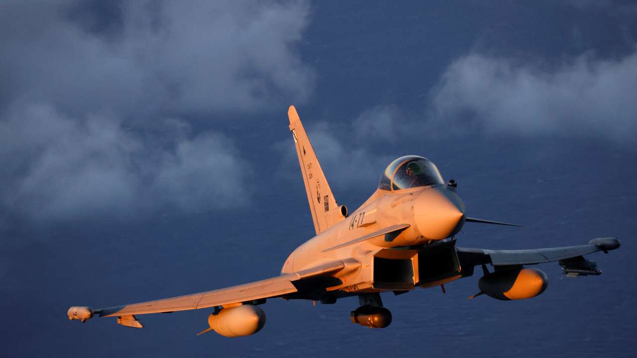 FILE PHOTO: A Eurofighter EF-2000 fighter aircraft of the Spanish Air Force flies during the Ocean Sky 2023 Military Exercise