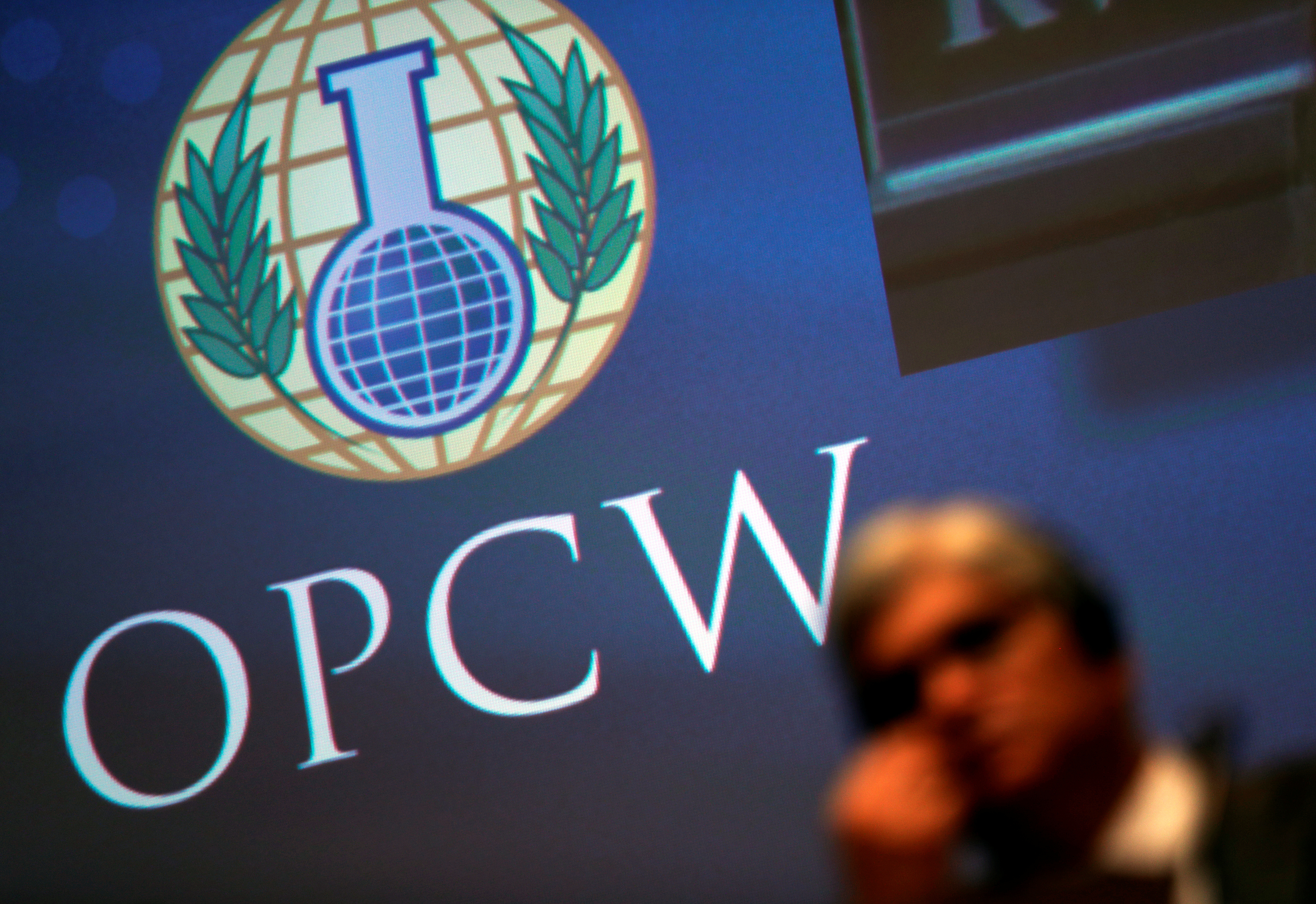The logo of the Organisation for the Prohibition of Chemical Weapons is seen during a special session in the Hague,