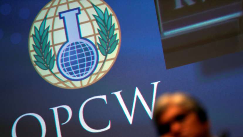 The logo of the Organisation for the Prohibition of Chemical Weapons is seen during a special session in the Hague,