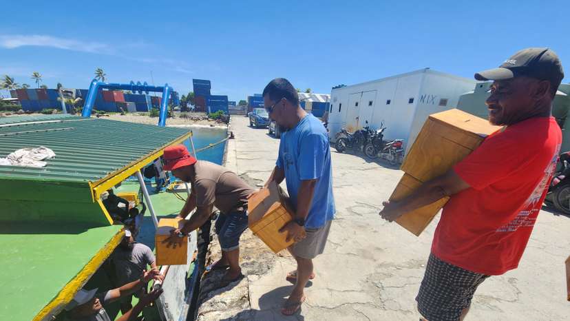Men carry ballot boxes in preparation for the general elections on Friday, in Funafuti