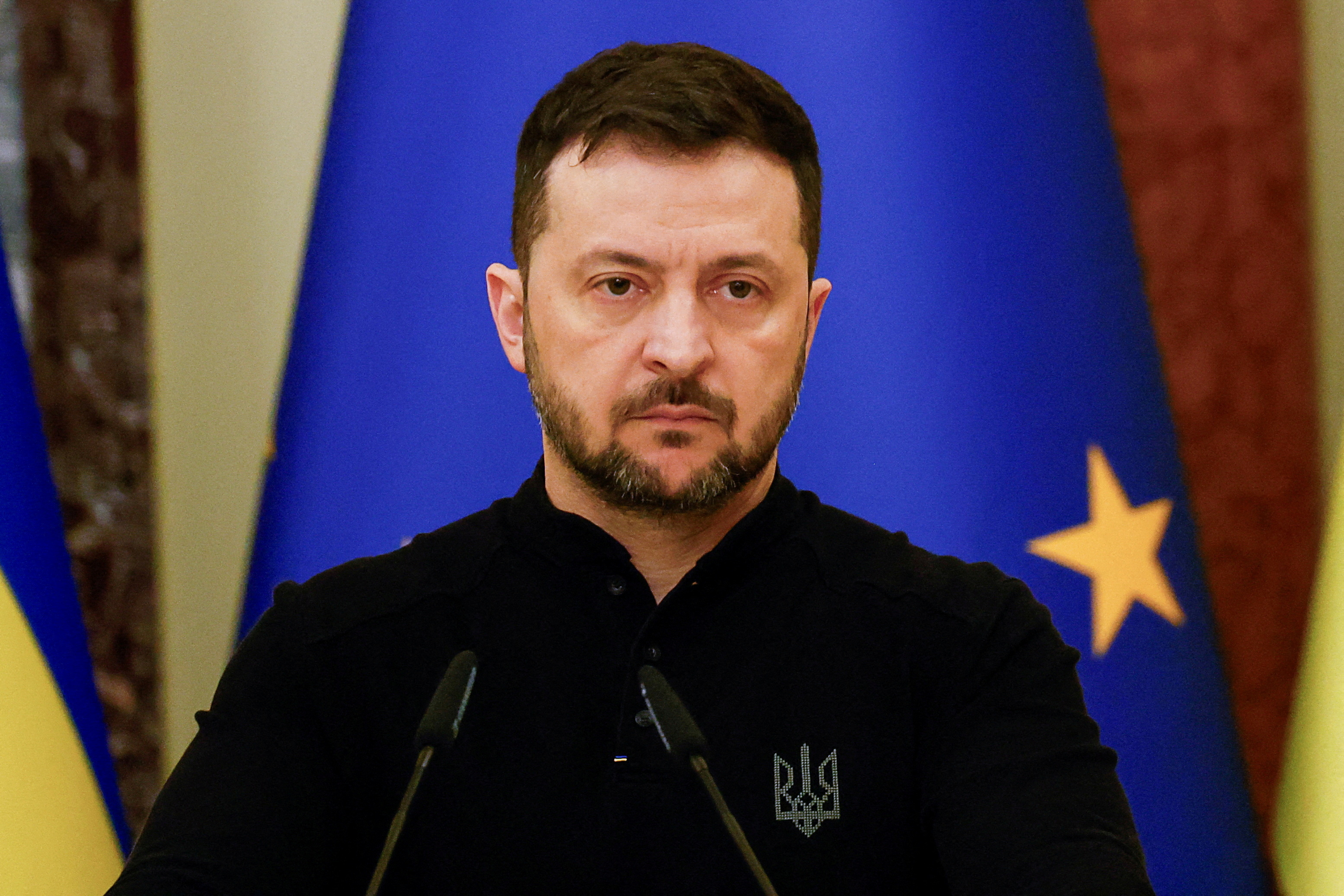 FILE PHOTO: Ukraine's President Zelenskiy attends a joint press conference with European Council President Costa, in Kyiv