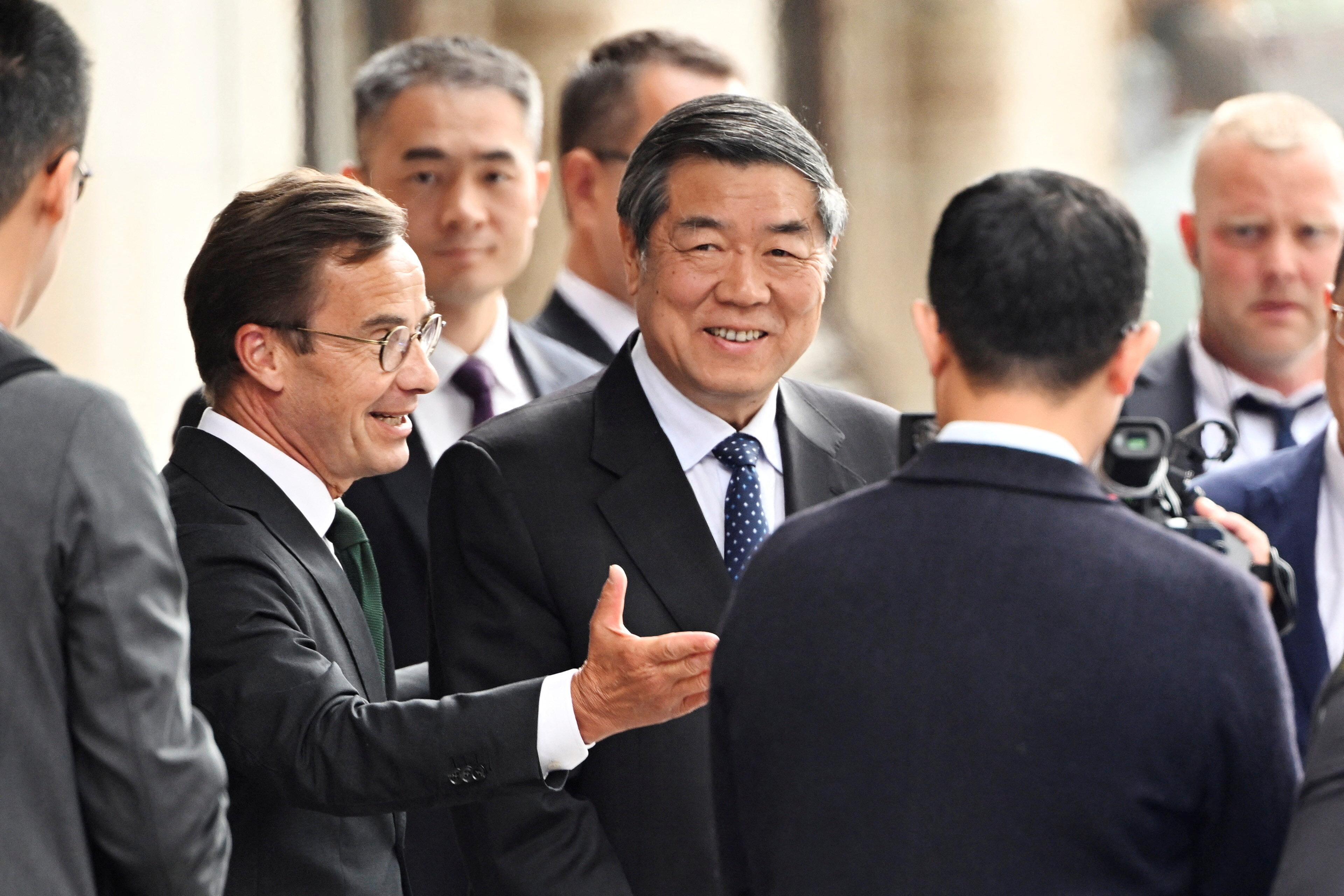 Swedish Prime Minister Ulf Kristersson greets Chinese Vice Premier He Lifeng at Rosenbad before trade talks between the U.S. and China in Stockholm