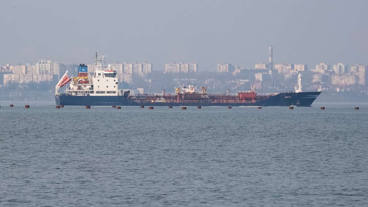 A cargo vessel leaves a port in the Black Sea in Odesa